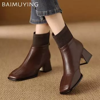 Женские ботильоны с квадратным носком, кожаные туфли на высоком каблуке в стиле ретро 2025 года, модные классические туфли-лодочки, зимние ботинки Botas De Mujer 35 чёрный