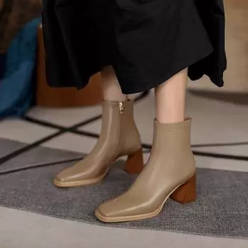 Женские ботильоны с квадратным носком, модная обувь, теплые зимние полусапожки, удобная женская обувь на квадратном каблуке с застежкой-молнией 34 чёрный