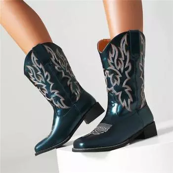 Женские ботильоны с квадратным носком на толстом среднем каблуке и вышивкой в стиле вестерн, ковбойские сапоги, женская модная обувь, зимняя синяя обувь, 43 35 чёрный