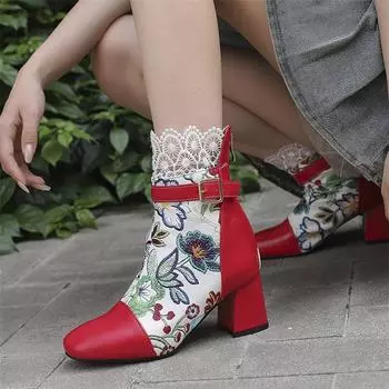 Женские ботильоны с квадратным носком на толстом высоком каблуке с пряжкой и вышивкой на молнии, короткие ботинки на молнии, женская модная обувь, осень-зима 34 чёрный