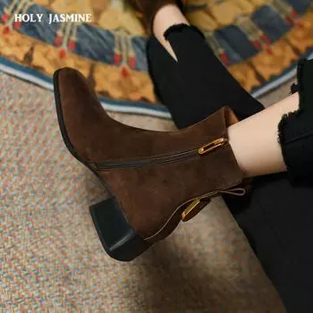 Женские ботильоны с квадратным носком в стиле ретро, повседневная обувь из замши и кожи для активного отдыха, женские короткие ботинки на весну и осень, новинка 2024 г. 34 чёрный