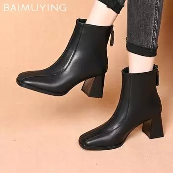 Женские ботильоны с квадратным носком, высокие каблуки, массивные повседневные кожаные туфли, женская зимняя мода 2025 года, готические удобные женские туфли-лодочки в стиле панк 35 коричневый