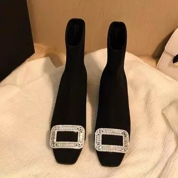 Женские ботильоны с квадратным носком, замшевые туфли на среднем каблуке, дизайнерские зимние ботинки челси 2024 года, модные женские туфли для ходьбы 35