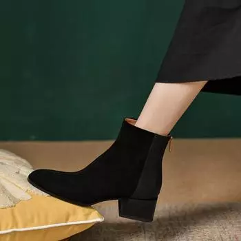 Женские ботильоны с квадратным носком, зимние короткие женские ботинки из искусственной замши, ботинки «челси» на толстом каблуке, женская обувь на танкетке, модные ботильоны 38 чёрный