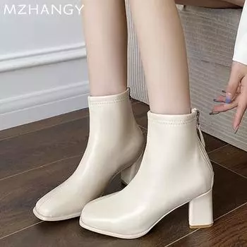 Женские ботильоны с квадратным носком, зимние кожаные туфли на высоком каблуке, женская обувь 2025 года, элегантные туфли-лодочки для снега, мотоциклетные ботинки Mujer Botas 35 бежевый