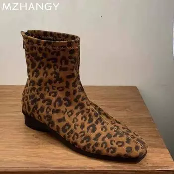 Женские ботильоны с леопардовым принтом, замшевые туфли на плоской подошве, женская мода 2025 года, зимние повседневные ботинки для ходьбы, мотоциклетные ботинки для зимы, Mujer Botas 35 чёрный