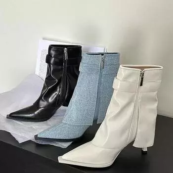 Женские ботильоны с острым каблуком 2024 года, мягкие кожаные ботильоны, новые корейские ботильоны на шпильках, женские модные гладиаторские готические ботинки челси 35 чёрный