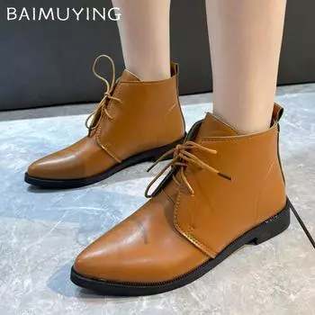 Женские ботильоны с острым носком, дизайнерские кожаные туфли на плоской подошве со шнуровкой, тренд 2025 года, новый бренд, модная классика, новые зимние ботинки Mujer 35