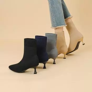 Женские ботильоны с острым носком и носком на низком каблуке, дышащие, эластичные, женские, удобные, на каблуке-рюмочке, вязаные, нарядные, рабочие ботинки 34 чёрный