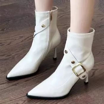Женские ботильоны с острым носком и пряжкой, сексуальные женские туфли с боковой молнией, на высоком каблуке, лакированная кожа, модные, универсальные женские ботинки для отдыха 35 бежевый