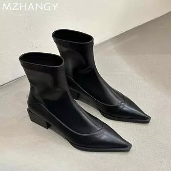 Женские ботильоны с острым носком, кожаные туфли на среднем каблуке, женская модная зимняя обувь 2025 года, элегантные модные байкерские сапоги Mujer Botas 35 чёрный