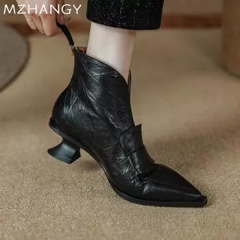 Женские ботильоны с острым носком, кожаные туфли на среднем каблуке, женская обувь 2025 года, дизайнерские зимние элегантные новые туфли-лодочки, ботинки челси Mujer 34 чёрный