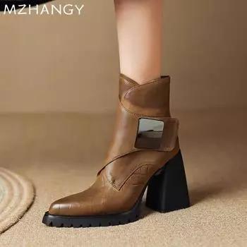Женские ботильоны с острым носком, кожаные туфли на высоком каблуке, женская мода 2025 года, элегантные зимние ретро-ботинки челси, новые женские ботинки 34 чёрный