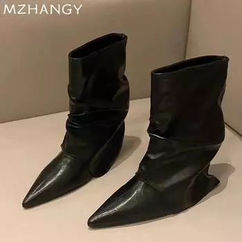 Женские ботильоны с острым носком, модные элегантные туфли на среднем каблуке, женская обувь 2025 года, дизайнерские готические сапоги, туфли-лодочки, новые зимние женские ботинки 35 чёрный