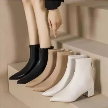 Женские ботильоны с острым носком, модные короткие ботильоны с молнией сзади, элегантные женские туфли на квадратном каблуке, зимняя женская обувь 2024 года 36 белый