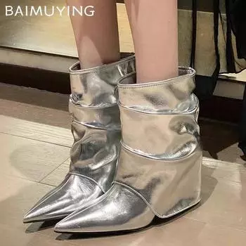 Женские ботильоны с острым носком, модные плиссированные туфли на среднем каблуке из кожи, тренд 2025 года, готические дизайнерские зимние новинки Chelsea Botas De Mujer 35 чёрный