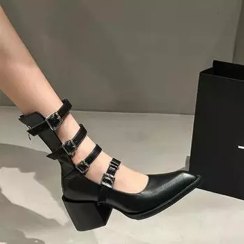 Женские ботильоны с острым носком, модные молнии сзади, металлические пряжки, короткие ботильоны, женская обувь в стиле ретро 35 чёрный