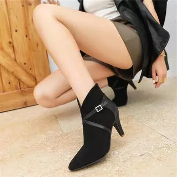 Женские ботильоны с острым носком, на толстом высоком каблуке, на молнии с пряжкой, короткие ботинки, женская модная обувь, осень-зима, черный, красный, 46 33 коричневый