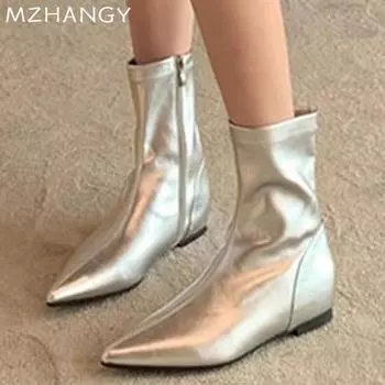 Женские ботильоны с острым носком на каблуках Зимняя мода Сексуальная кожаная обувь Женская тенденция 2024 года Зимние сапоги Элегантные готические женские ботинки 35 коричневый