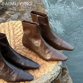 Женские ботильоны с острым носком на среднем каблуке, кожаные туфли, женские зимние трендовые туфли в стиле готики и панка, туфли-лодочки в стиле гладиаторов, снежные туфли-челси 35