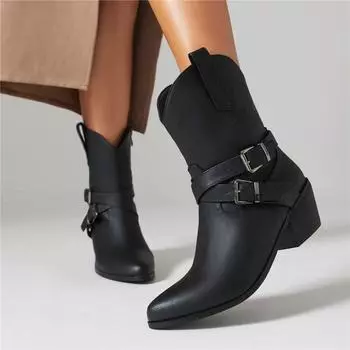 Женские ботильоны с острым носком, на толстом высоком каблуке с застежкой-молнией и пряжкой, сапоги в стиле вестерн «ковбойская девушка», женская осенне-зимняя обувь 44 35 чёрный