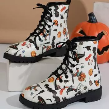 Женские ботильоны с разноцветным принтом черепа и цветочным принтом, модные осенне-зимние ботинки в стиле ретро-панк со шнуровкой 36 белый