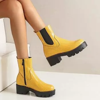 Женские ботильоны с серпантином, короткие ботинки на толстой подошве, ботинки для верховой езды на молнии, модные женские осенне-зимние ботинки 34 жёлтый