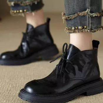 Женские ботильоны с толстой подошвой, ботильоны в британском стиле, дизайнерские роскошные повседневные ботинки в стиле локомотива, женские туфли со шнуровкой и круглым носком 35