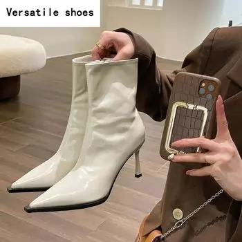 Женские ботильоны, сексуальные, с острым носком, короткие ботильоны, модные туфли для вечеринок, туфли на тонком высоком каблуке, зимняя женская короткая плюшевая обувь 35