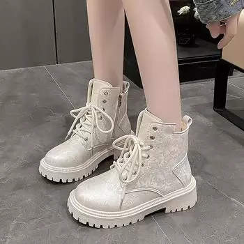Женские ботильоны со шнурками, ботинки на шнуровке, зима 2024, большие размеры, теплые женские короткие туфли, мода, осень-весна, тренд, ПУ, популярный 35