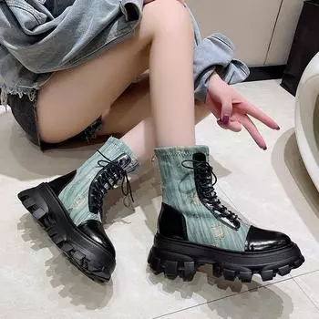 Женские ботильоны, удобные износостойкие нескользящие короткие ботинки с круглым носком и толстой подошвой, модная женская обувь с круглым носком на шнуровке 35