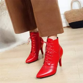 Женские ботильоны в британском стиле, красные, белые винтажные зимние женские ботинки из искусственной кожи на высоком тонком каблуке-шпильке 8 см с острым носком 39