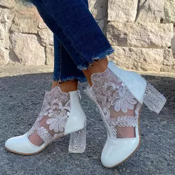 Женские ботильоны в сетку для женщин, летние ботинки на квадратном каблуке, сандалии, женские кружевные ботинки с круглым носком 43 белый