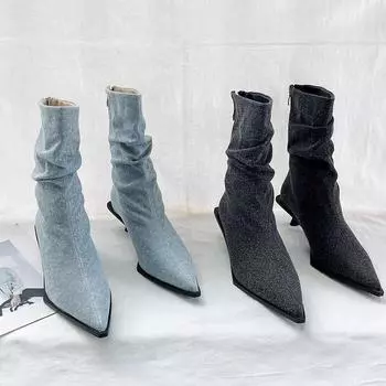 Женские ботильоны в стиле ковбой на высоком каблуке, повседневные осенние ботинки в стиле вестерн, ковбойские сапоги до середины икры, короткие казачьи сапоги на высоком каблуке 35 чёрный