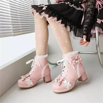 Женские ботильоны в стиле Лолиты, короткие сапоги на среднем каблуке с круглым носком и бантом, женская обувь для косплея, осень-зима 46 33 чёрный