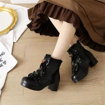 Женские ботильоны в стиле Лолиты с круглым носком на платформе, кавайные короткие ботинки на толстом среднем каблуке с бантом на молнии и шнуровке, женская обувь осень-зима 33 чёрный