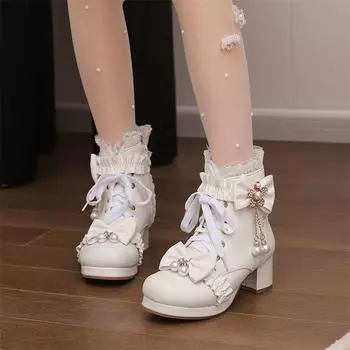 Женские ботильоны в стиле Лолиты, с круглым носком, на толстом высоком каблуке, Kawaii, с бантом и цепочкой на молнии, женская обувь для косплея, зима 43 33 чёрный