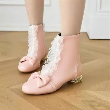 Женские ботильоны в стиле Лолиты, с круглым носком, на толстом низком каблуке, с оборками, на молнии и с бантом, кавайные короткие ботинки, женская обувь для косплея, осень-зима