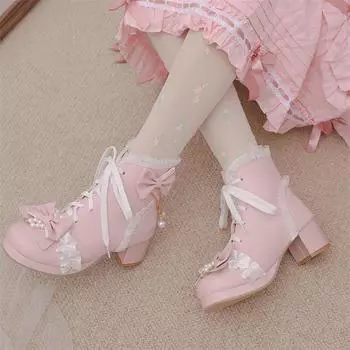Женские ботильоны в стиле Лолиты, женские туфли для косплея с круглым носком, на толстом среднем каблуке Kawaii, на шнуровке с бантом и цепочкой из бисера, осень-зима 33 чёрный