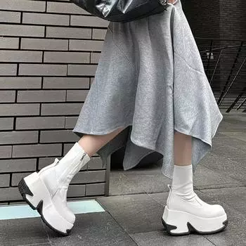 Женские ботильоны в стиле панк на толстой платформе, осень-зима, вечерние туфли, женские черные, белые, на толстом каблуке, с молнией, эластичные, короткие сапоги 35