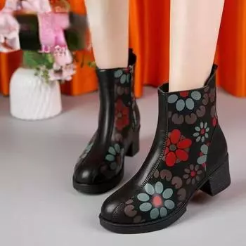 Женские ботильоны в стиле ретро 2024 года, зимние высококачественные женские ботильоны из искусственной кожи с этническим принтом, удобные туфли на среднем каблуке с круглым носком для мам 35 чёрный
