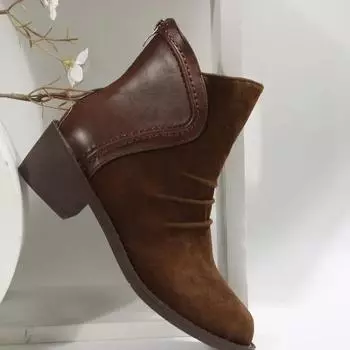 Женские ботильоны, винтажная женская обувь, зимние короткие сапоги из коровьей замши, молнии сзади, туфли на низком каблуке, коричневые плиссированные ботинки 2024 35 темно-коричневого