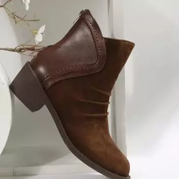 Женские ботильоны, винтажная женская обувь, зимние короткие сапоги из коровьей замши, молнии сзади, туфли на низком каблуке, коричневые плиссированные ботинки 2024 35 темно-коричневого