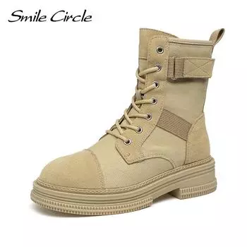 Женские ботильоны, замшевые парусиновые армейские ботинки на шнуровке, с круглым носком и боковой молнией, ботинки на массивной платформе 35 бежевый