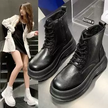 Женские ботильоны зимние с круглым носком на толстой подошве с застежкой-молнией и шнуровкой на платформе с круглым носком, модные женские нескользящие ботинки Botas De Mujer 35 белый