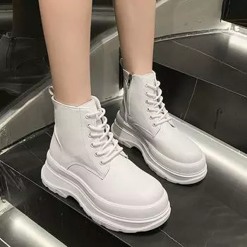 Женские ботильоны зимние с круглым носком на толстой подошве с застежкой-молнией и шнуровкой на платформе с круглым носком, модные женские нескользящие ботинки Botas De Mujer 35 белый