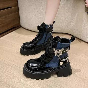 Женские ботильоны, зимние, с металлическим украшением в виде бабочек, толстые, 2024, высококачественные, однотонные, модные, новые, женская обувь для отдыха на открытом воздухе 35 чёрный