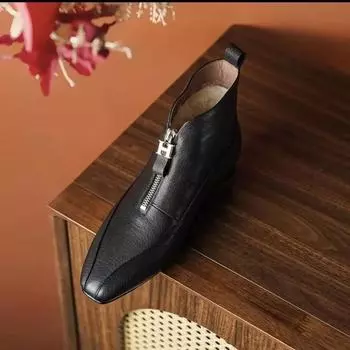 Женские ботильоны Зимние туфли на каблуках Кожаные зимние сапоги 2025 Трендовые дизайнерские короткие плюшевые теплые сапоги Элегантная обувь Ботинки Челси 35 чёрный