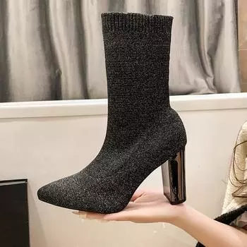 женские ботинки 2024 года, квадратные каблуки, носки, ботинки женские, большой размер 42, эластичная ткань, острый носок, туфли-лодочки, женские 35 покинуть белый