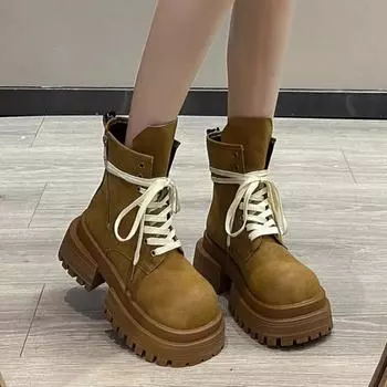 Женские ботинки 2024 года, новые рыцарские ботинки на толстой подошве и каблуке, повседневные мотоциклетные ботинки Zapatos со шнуровкой в стиле панк на молнии 35 чёрный